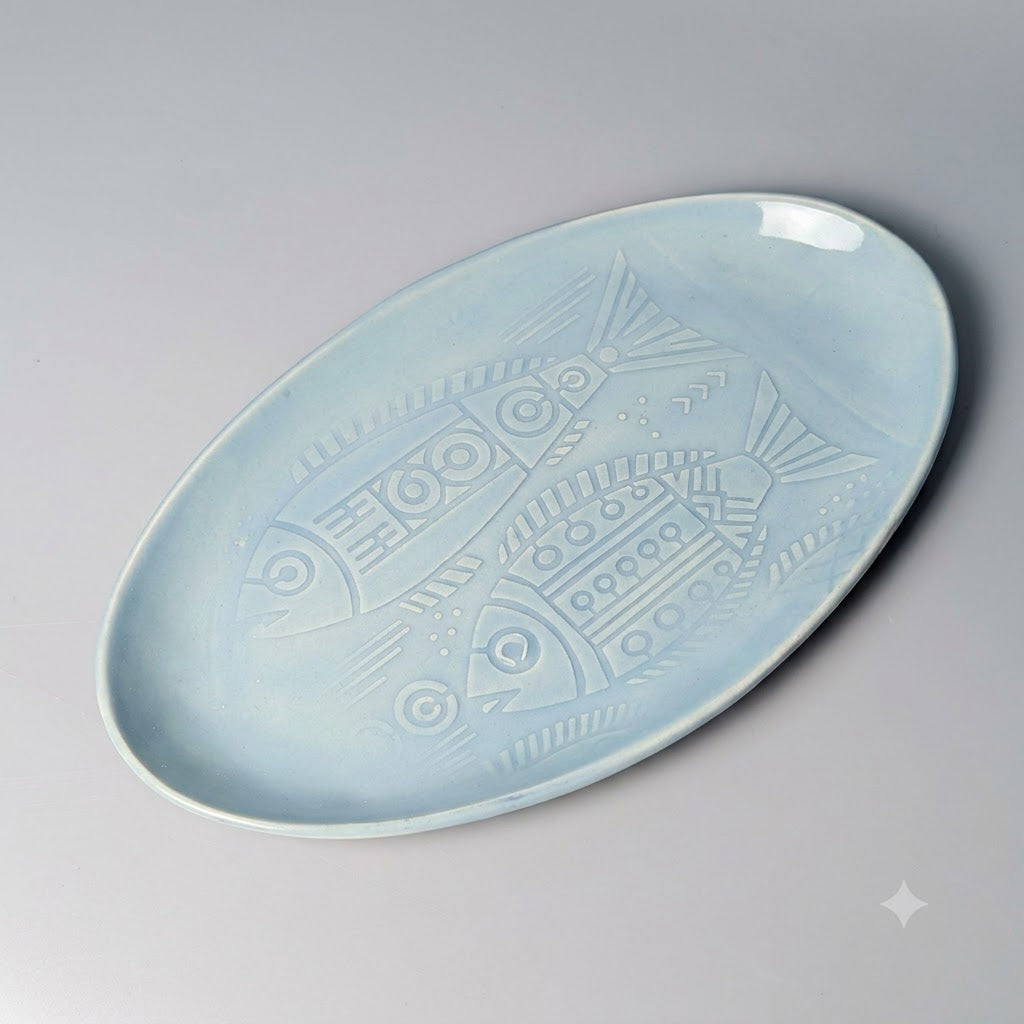 Grand Plat Ovale Poissons en Relief